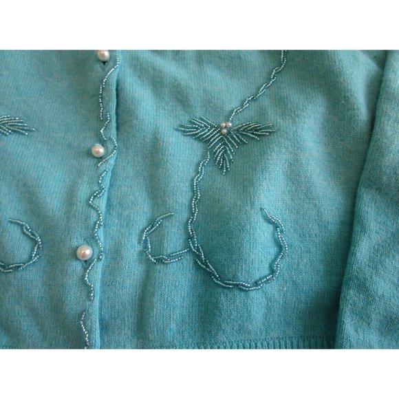 Lucky Brand Light Blue Beaded Cardigan Faux Pearl Button Wool Blend Ladies L EUC - Picture 12 of 16